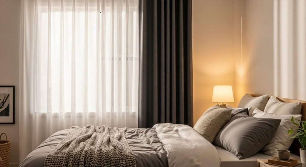 Layered curtains and blinds in a Dubai home for privacy and style.
