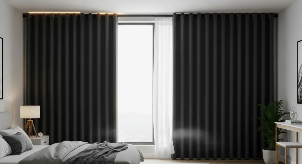 Blackout curtains providing privacy and sun protection in a Dubai bedroom.