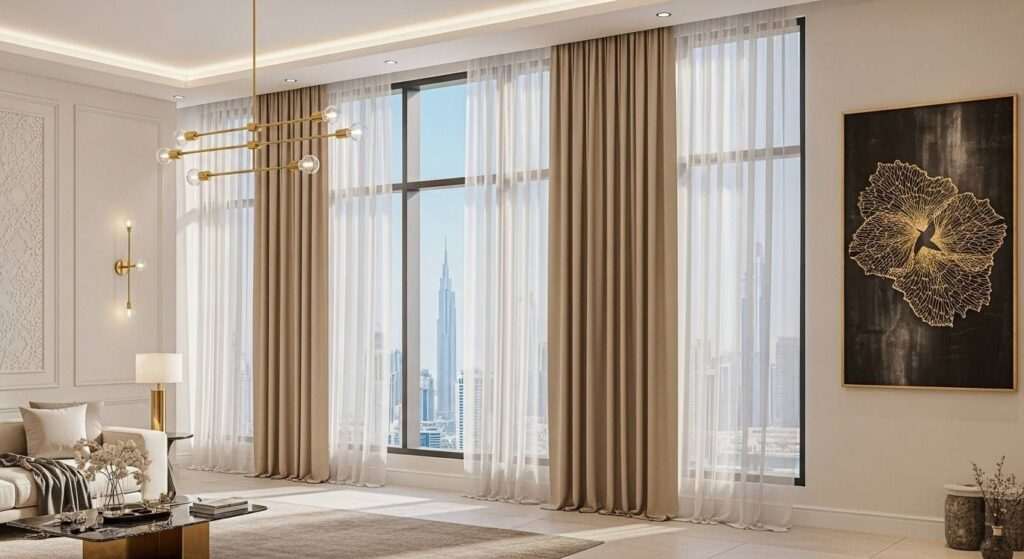 Elegant window curtains in a Dubai living room with natural light