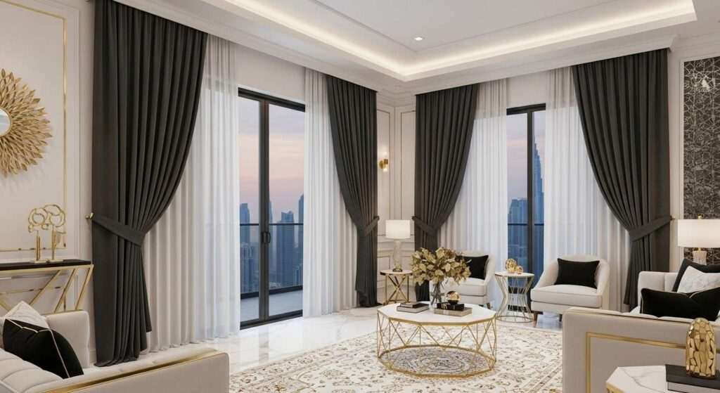 Close-up of various curtain fabrics like linen, velvet, and sheer.