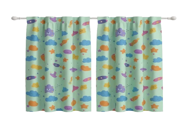 Bright children’s curtains with cute fish and sea animal patterns, ideal for kids bedroom décor