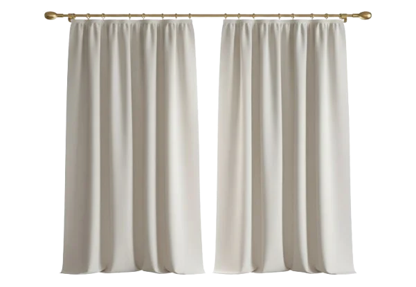 White sheer window curtains on gold curtain rod isolated on transparent background
