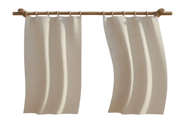 Light beige sheer curtains with gentle flowing folds hanging on a gold curtain rod