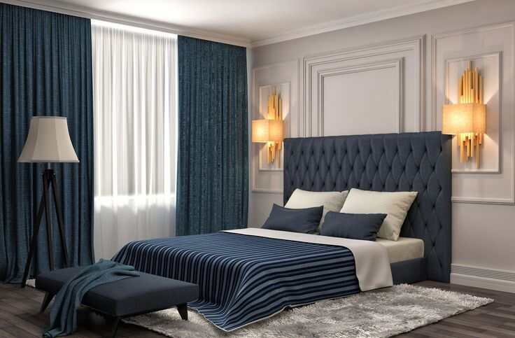 Modern blue-themed bedroom curtains