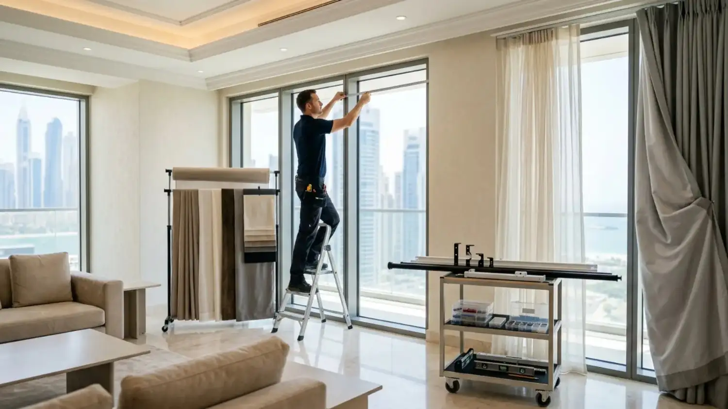Technician installing curtain track on window.