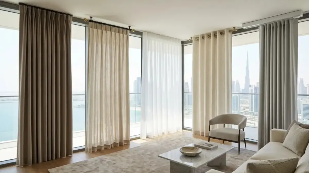 Curtain styles displayed on large windows in dubai.
