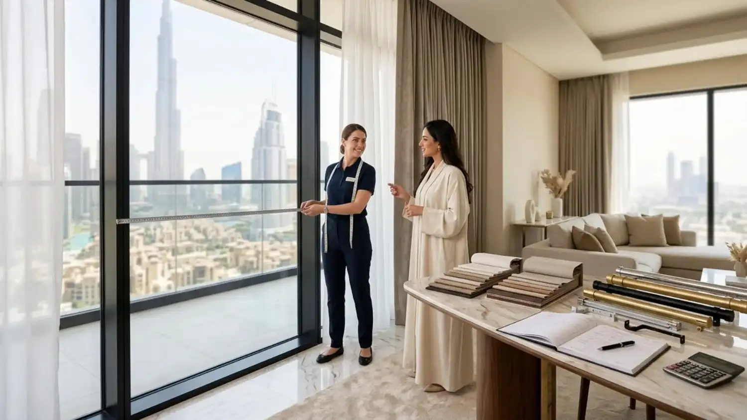 Measuring window for curtain installation in dubai.