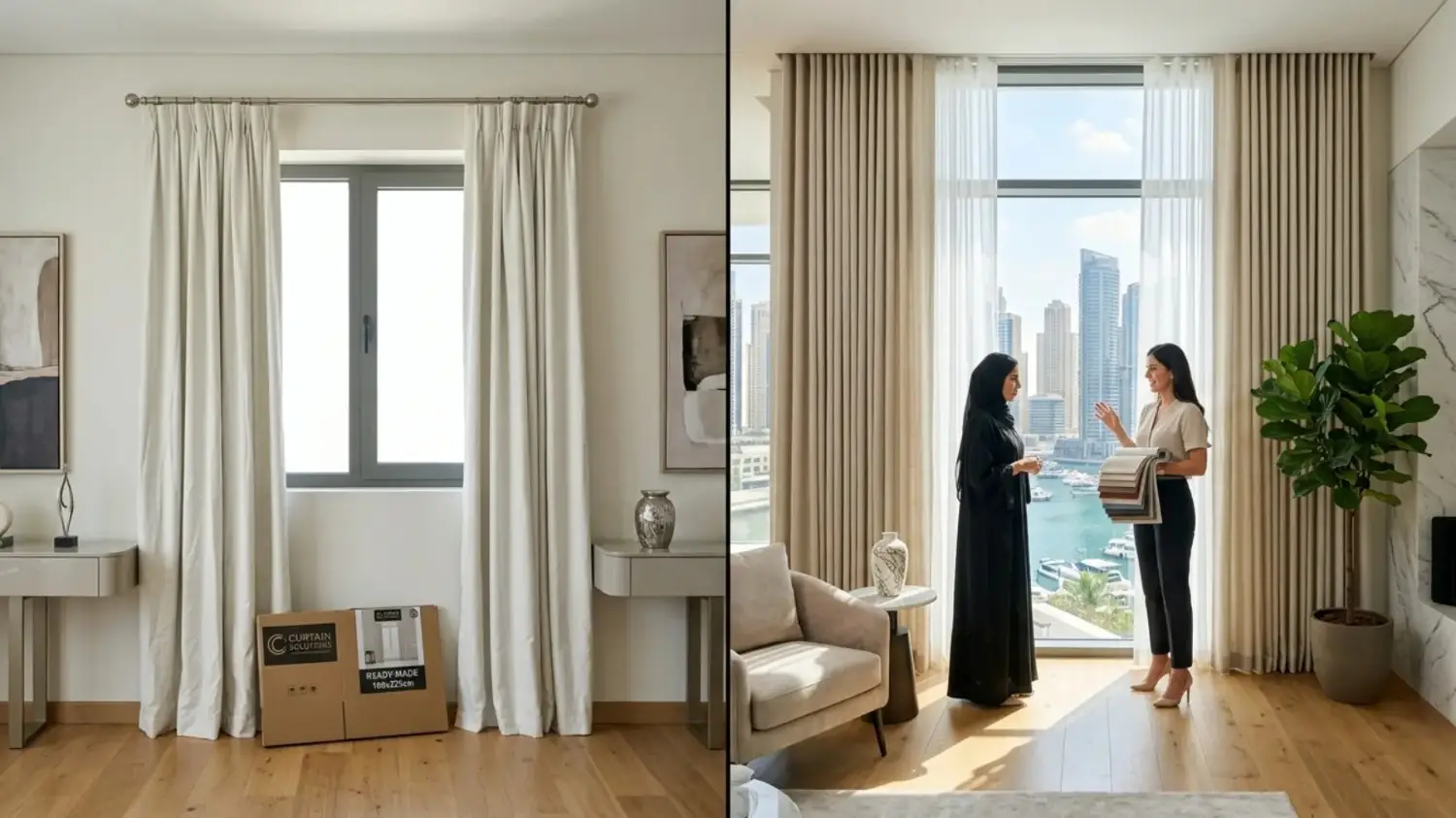 Comparison of ready-made curtains and custom curtain in dubai.